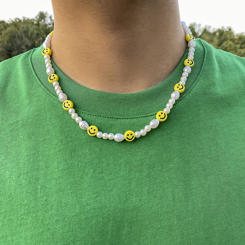 Boho Beaded Smiley Face Pearl Collar Clavicle Chain Necklace
