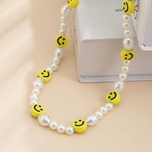 Boho Beaded Smiley Face Pearl Collar Clavicle Chain Necklace