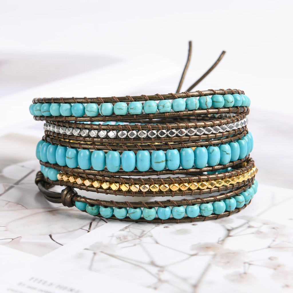 Boho Natural Stone Leather Wrap Bracelet for Women