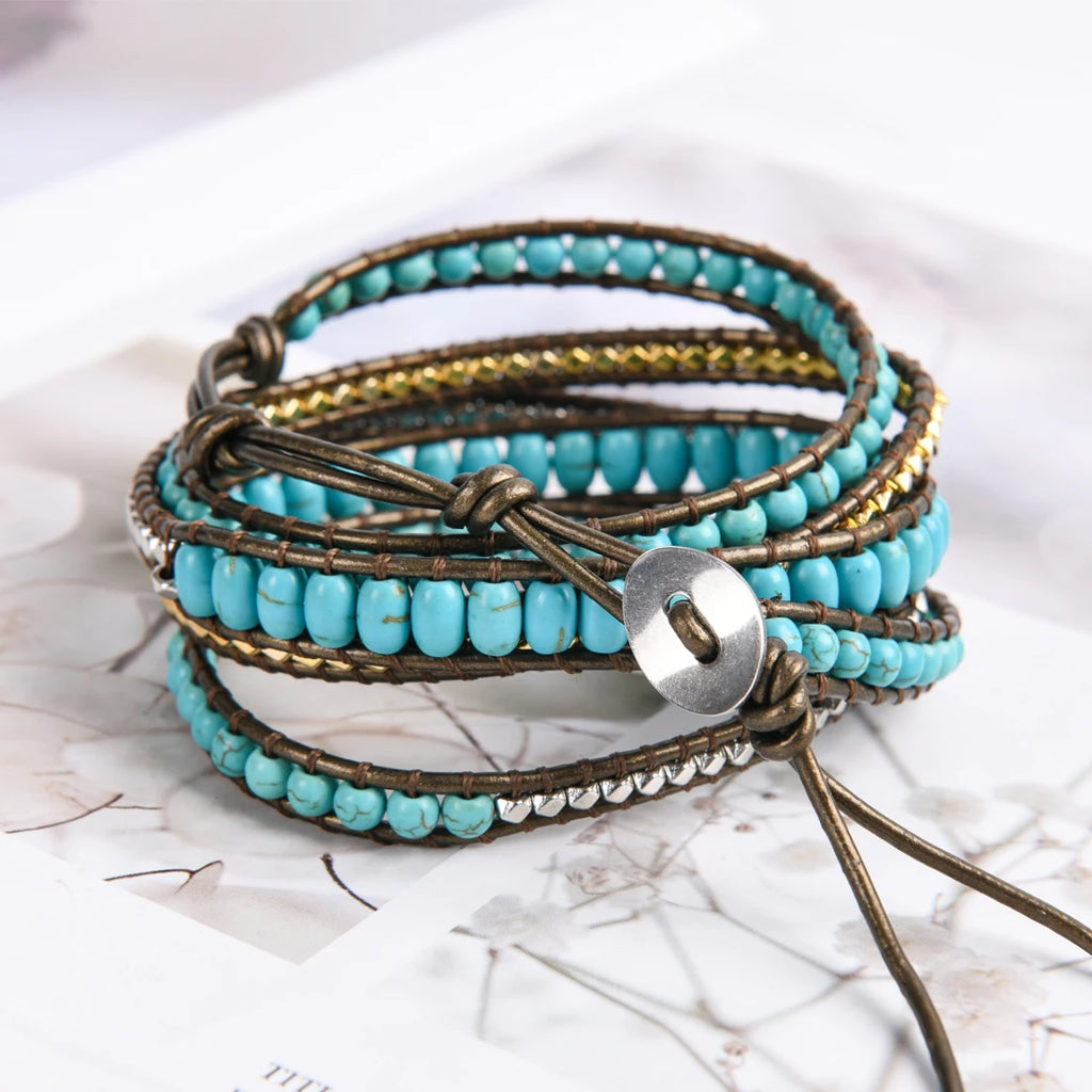 Boho Natural Stone Leather Wrap Bracelet for Women