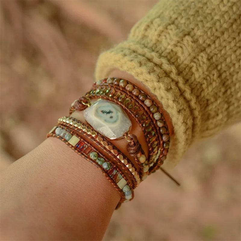 Boho Stone Leather Wrap Bracelet for Women