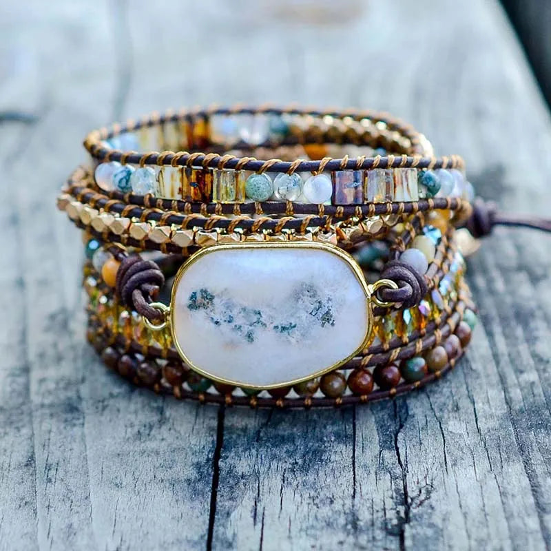 Boho Stone Leather Wrap Bracelet for Women