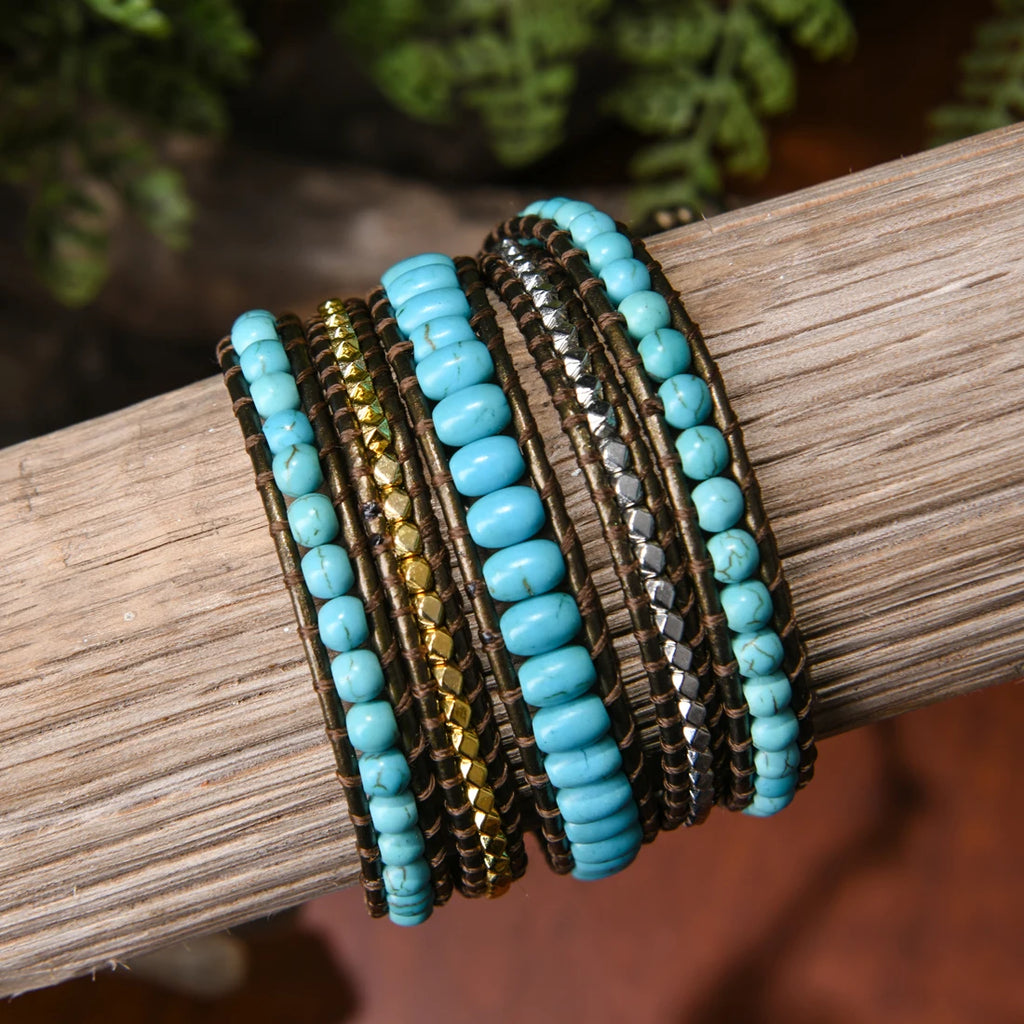 Boho Natural Stone Leather Wrap Bracelet for Women