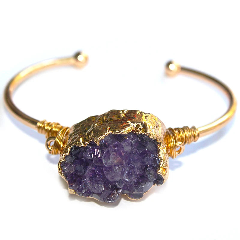 Boho Raw Amethyst Bracelet for Women Golden Adjustable Cuff Bangle
