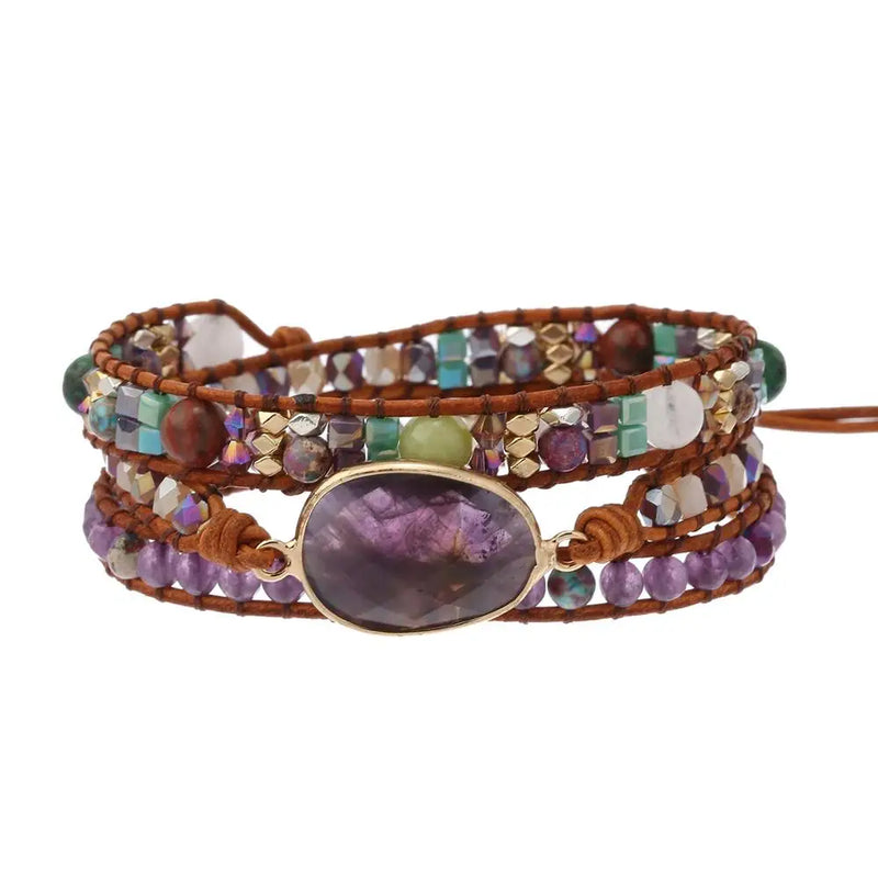 Boho Stone Crystal Bead Wrap Bracelet Purple Handwoven Jewelry