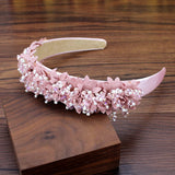 Boho Pink Flower Bridal Hairbands Crystal Beads Wedding Headbands For Women