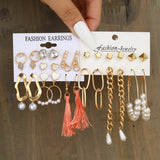 Boho Heart Pearl Tassel Dangle Earrings Set Wedding Jewelry