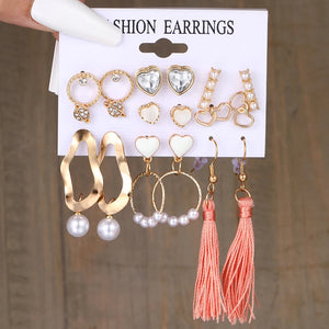 Boho Heart Pearl Tassel Dangle Earrings Set Wedding Jewelry