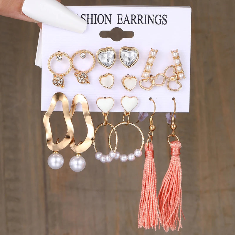 Boho Heart Pearl Tassel Dangle Earrings Set Wedding Jewelry