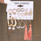 Boho Heart Pearl Tassel Dangle Earrings Set Wedding Jewelry
