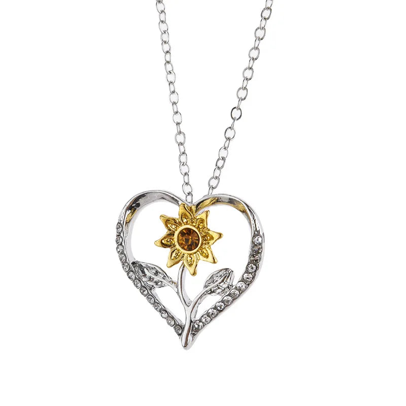 Boho Heart Rhinestones Sunflower Pendant Necklace