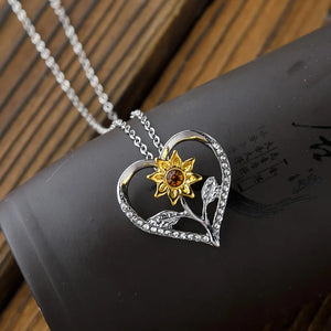 Boho Heart Rhinestones Sunflower Pendant Necklace