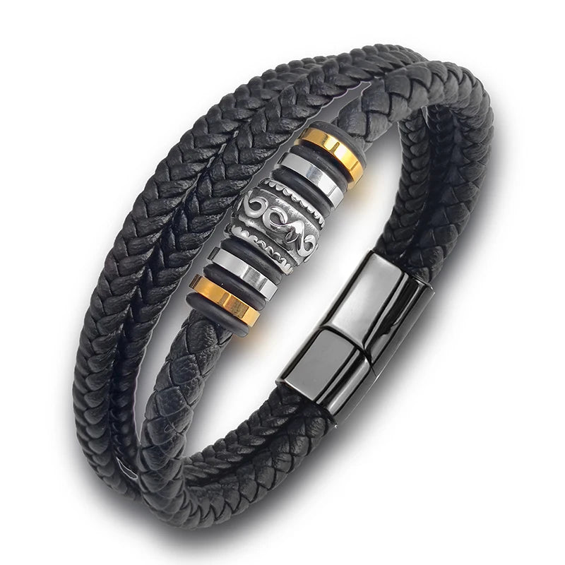 Boho Braided Rope Leather Bracelet Stainless Steel Men Bangle Christmas Gift