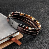Boho Leather Charm Bracelet Stainless Steel Stone Rosary Bangle