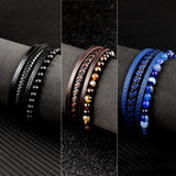 Boho Leather Charm Bracelet Stainless Steel Stone Rosary Bangle