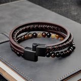 Boho Leather Charm Bracelet Stainless Steel Stone Rosary Bangle