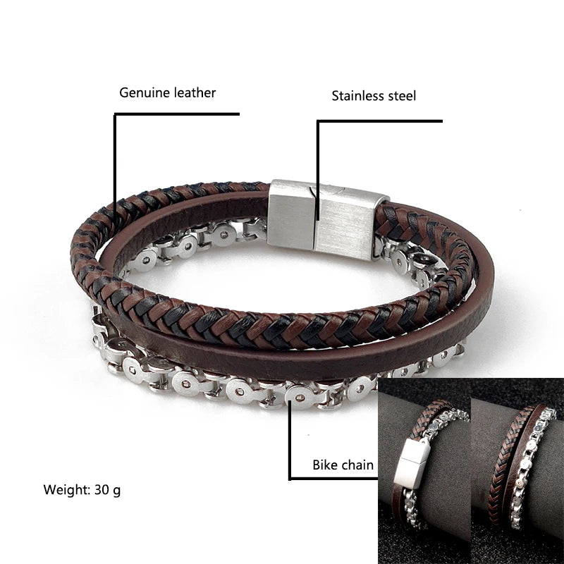 Boho Leather Charm Bracelet Stainless Steel Stone Rosary Bangle