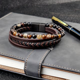 Boho Leather Charm Bracelet Stainless Steel Stone Rosary Bangle