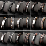 Boho Leather Charm Bracelet Stainless Steel Stone Rosary Bangle
