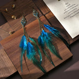 Boho Feather Chain Tassel Earrings Rhinestone Indian Wedding Jewelry