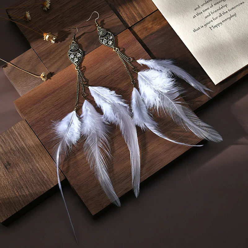 Boho Feather Chain Tassel Earrings Rhinestone Indian Wedding Jewelry