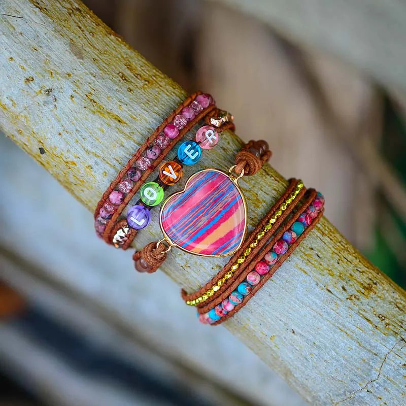 Boho Love Heart Long Wrap Bracelet Natural Stone 5 Wrap Bracelet