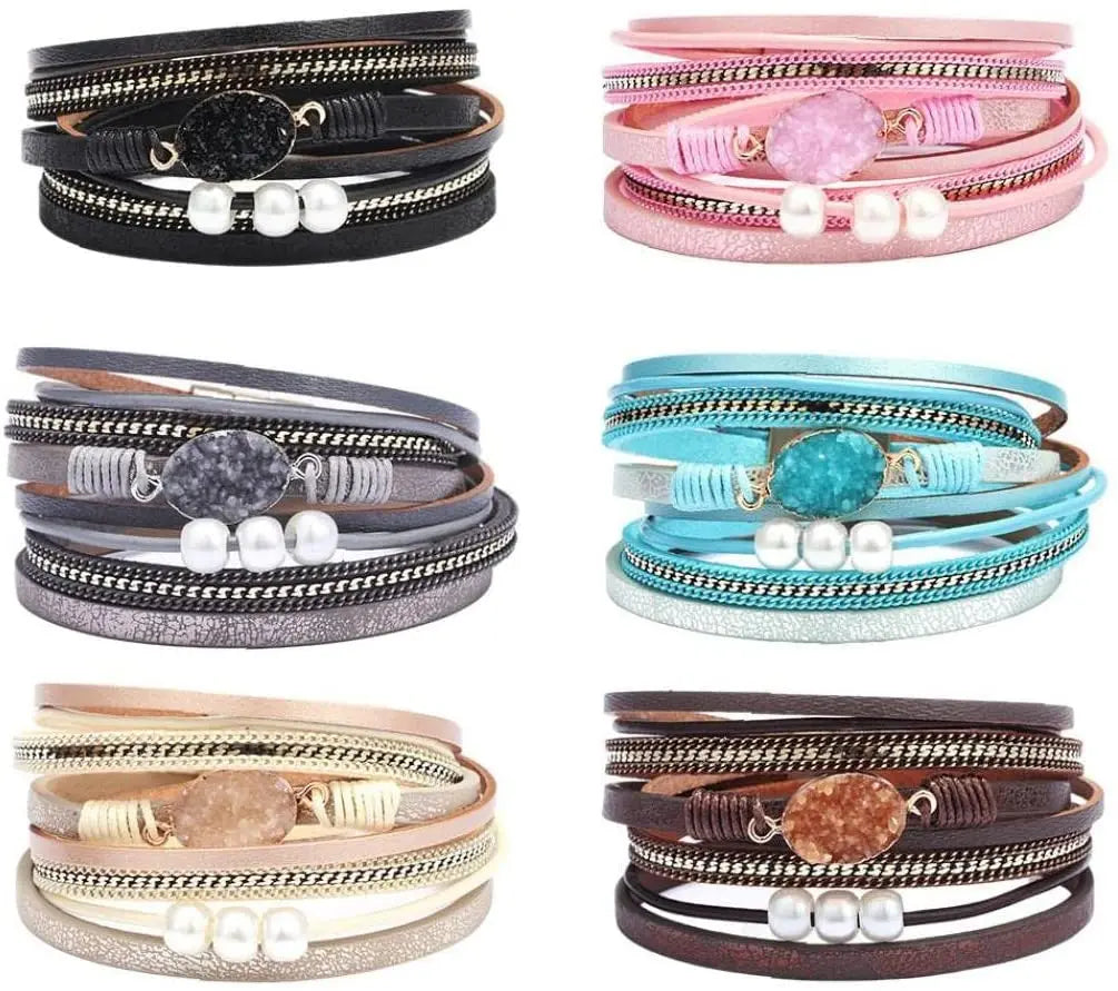 Boho Multi-Layer Bracelet Leather Wrap Wrist Chain Magnetic Clasp
