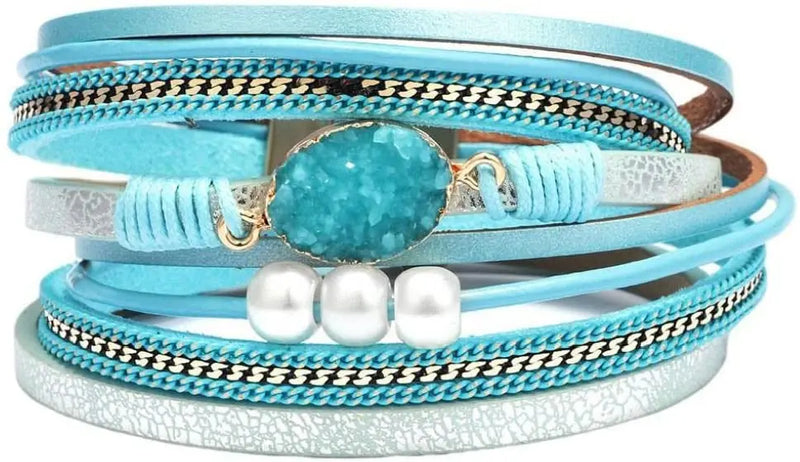 Boho Multi-Layer Bracelet Leather Wrap Wrist Chain Magnetic Clasp