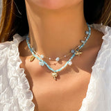 Boho Crystal Beads Choker Necklace Geometric Shell Pendant Jewelry