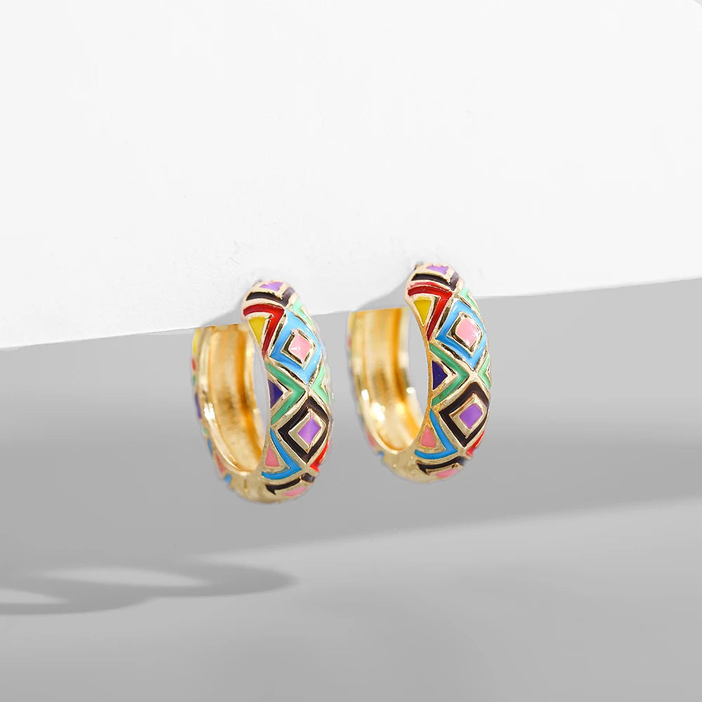 Boho Enamel Flower Hoop Earrings Vintage Drop Round Earrings