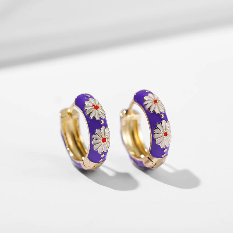 Boho Enamel Flower Hoop Earrings Vintage Drop Round Earrings