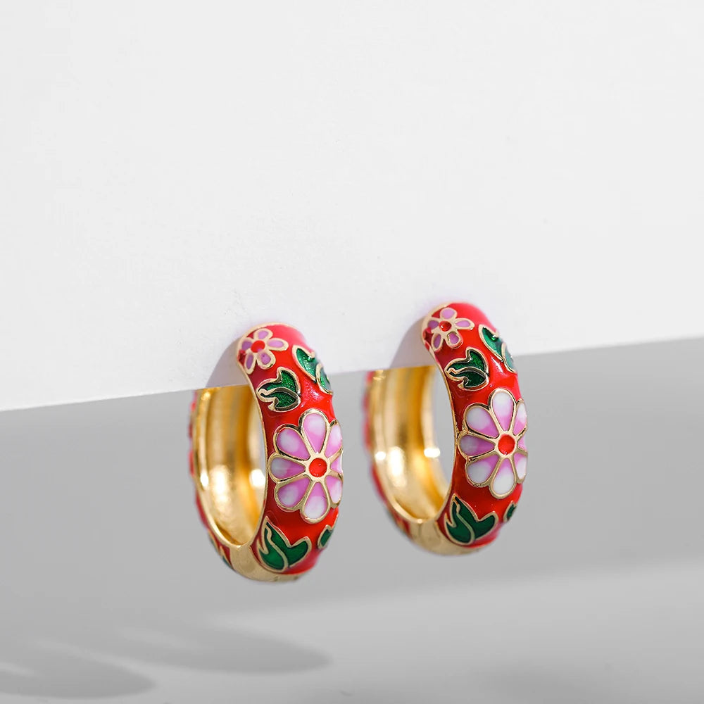 Boho Enamel Flower Hoop Earrings Vintage Drop Round Earrings