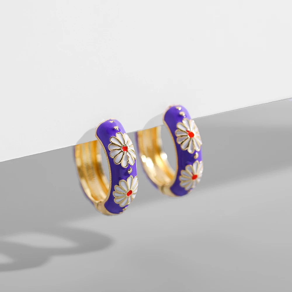 Boho Enamel Flower Hoop Earrings Vintage Drop Round Earrings