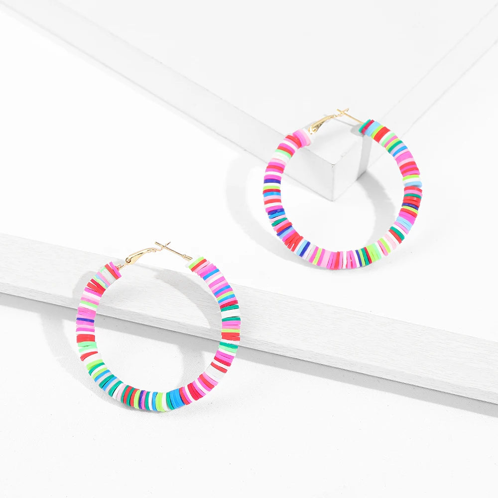Boho Multicolor Round Polymer Clay Hoop Earrings for Women