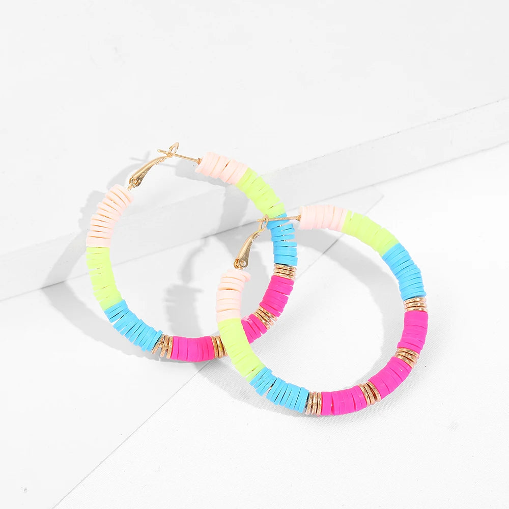 Boho Multicolor Round Polymer Clay Hoop Earrings for Women