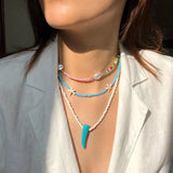 Boho Multilayer Bead Necklace Ethnic Seed Bead Horn Necklace