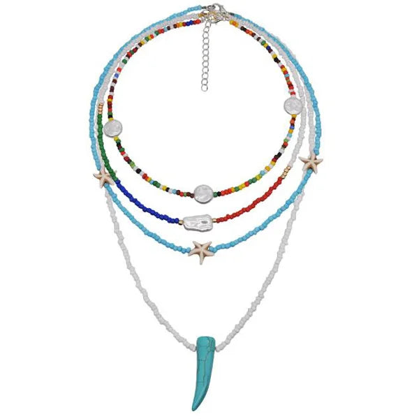 Boho Multilayer Bead Necklace Ethnic Seed Bead Horn Necklace