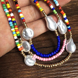 Boho Multilayer Bead Necklace Ethnic Seed Bead Horn Necklace