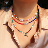 Boho Multilayer Bead Necklace Ethnic Seed Bead Horn Necklace