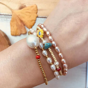 Boho Natural Freshwater Pearl Bracelet Women Stainless Steel Gold Bead Bangle