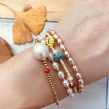 Boho Natural Freshwater Pearl Bracelet Women Stainless Steel Gold Bead Bangle