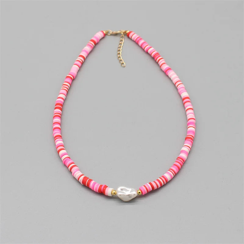 Boho Natural Pearl Necklace Colorful Soft Polymer Clay Beads Choker Pendant Neck