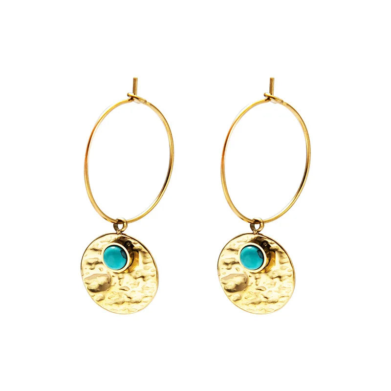 Boho Natural Stone Charm Hoop Earrings Stainless Steel Circle Earrings