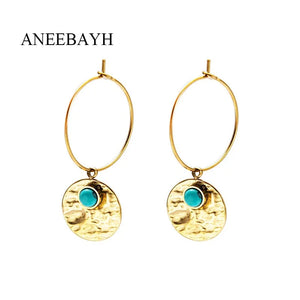 Boho Natural Stone Charm Hoop Earrings Stainless Steel Circle Earrings
