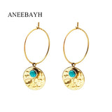 Boho Natural Stone Charm Hoop Earrings Stainless Steel Circle Earrings