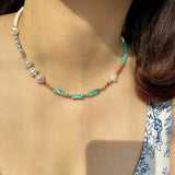 Boho Pearl Beaded Necklace Green Agate Stone Choker