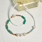 Boho Pearl Beaded Necklace Green Agate Stone Choker