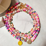 Boho Pink Flower Evil Eye Clay Beaded Necklace For Women