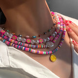 Boho Pink Flower Evil Eye Clay Beaded Necklace For Women