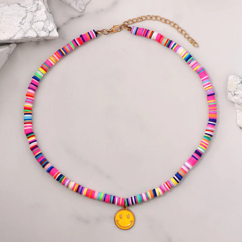 Boho Pink Flower Evil Eye Clay Beaded Necklace For Women